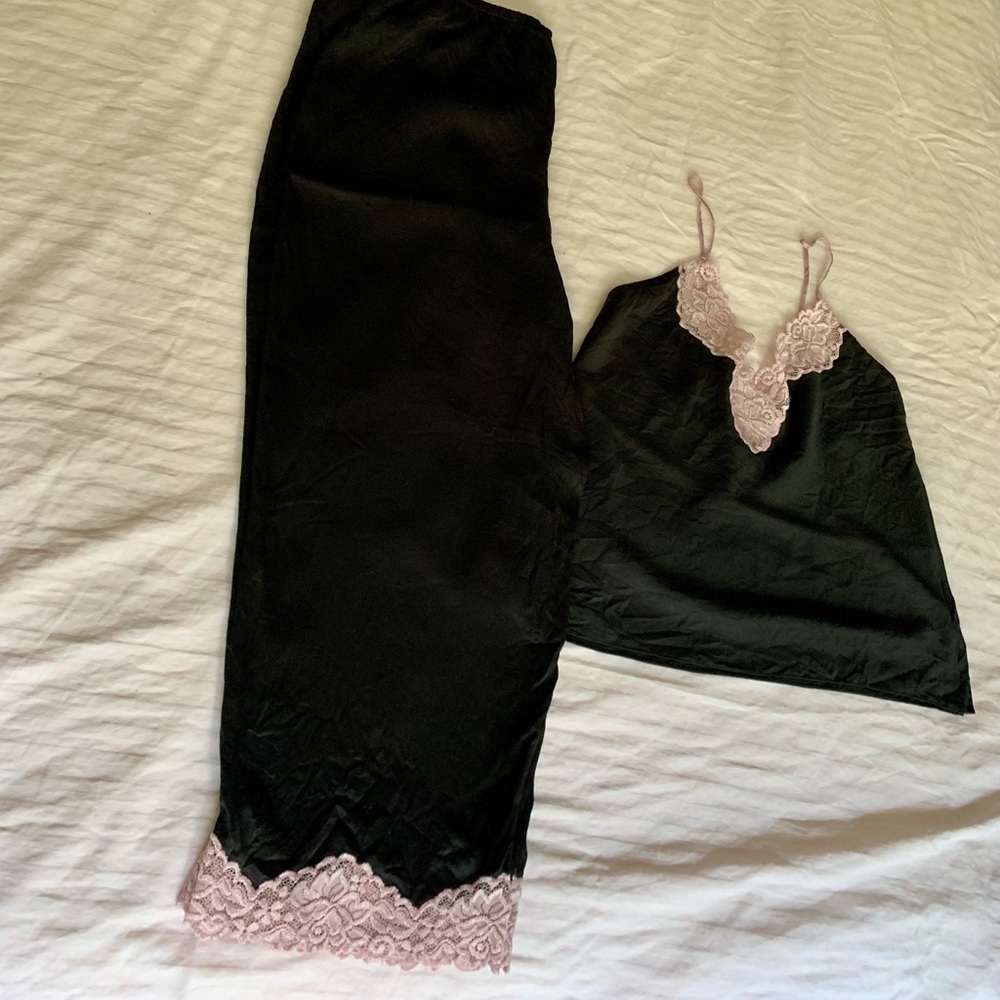 Black pure 100% silk lace pajama cami pants set